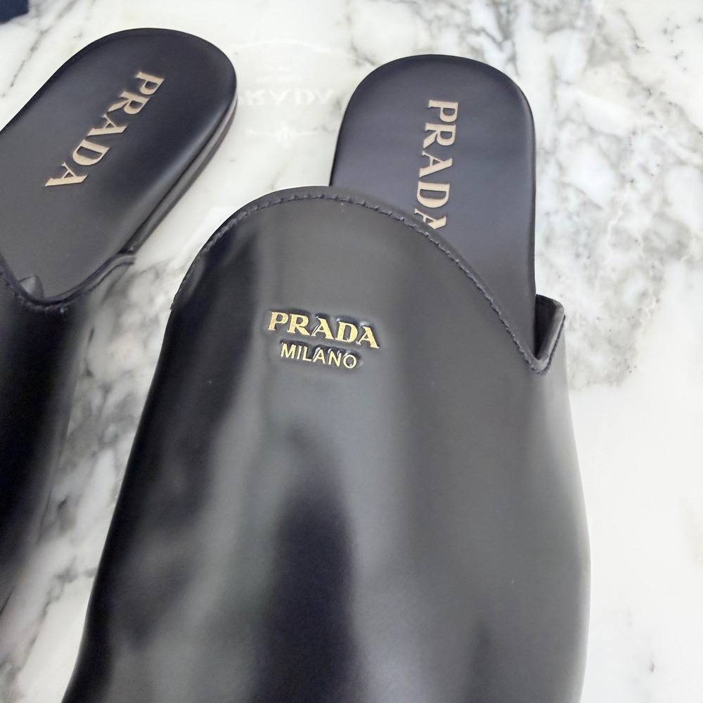Prada Milano Black Leather Mule Slides Gold Logo Slip On Flat Shoes Mens UK7 - Picture 3 of 13